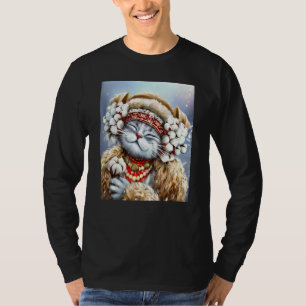 Cute Winter Cat  Happy Flowers Cute Cat Cotton Smi T-Shirt