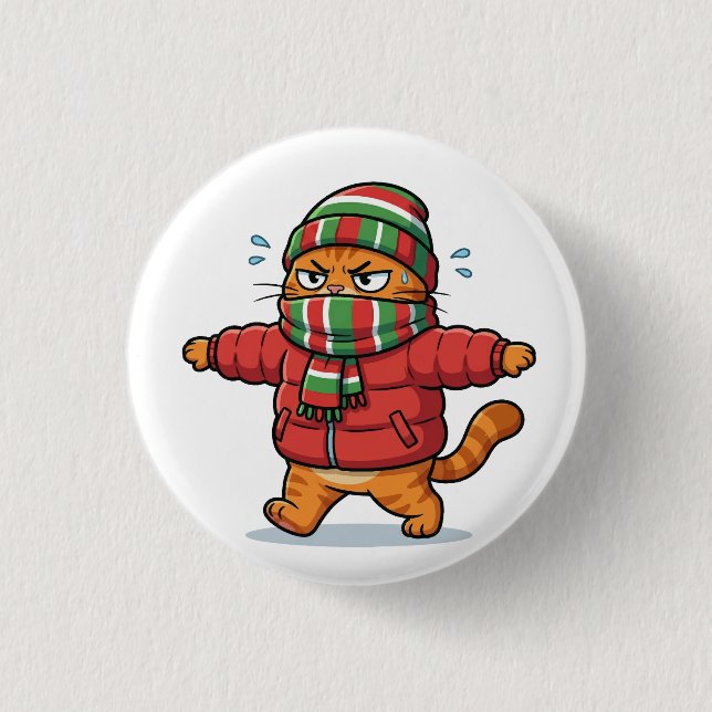Cute Winter Cat Wearing Scarf Button (Front)