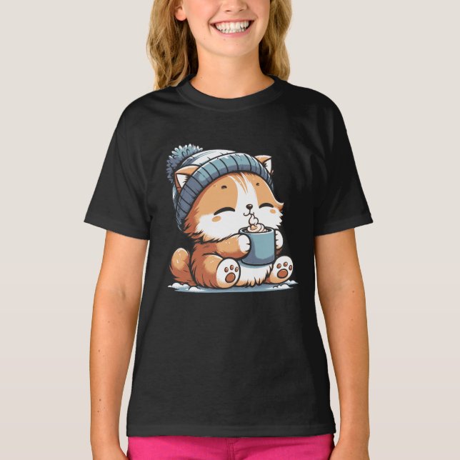 Cute Winter Cat with Beanie Cosy Kawaii Animal  T-Shirt (Front)