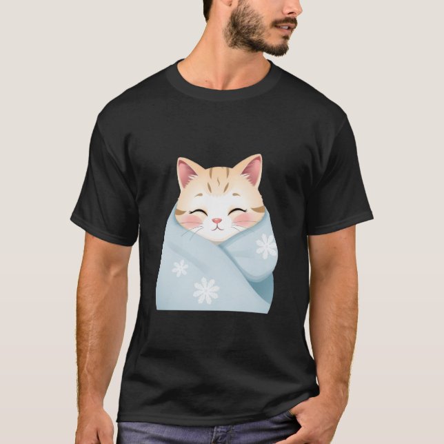 Cute Winter Cat Wrapped in Snowflake Blanket ✨🐾❄️ T-Shirt (Front)