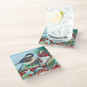 Cute Winter Chickadee Bird With Berries Glass Coaster