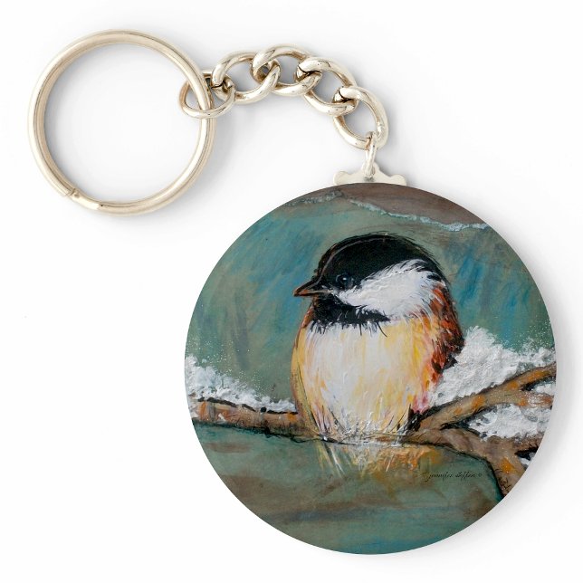 Cute Winter Chickadee Song Bird Painting Key Ring (Cute Chickadee Bird Art keychain from Jenn's Emporium. )