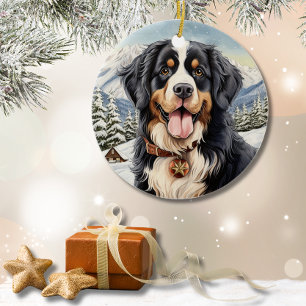 Cute Winter Christmas Bernese Mountain Ceramic Tree Decoration