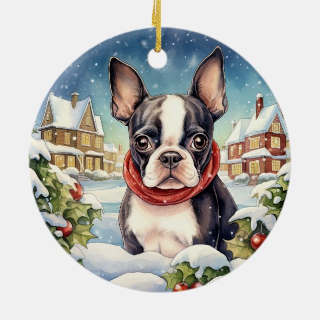 Cute Winter Christmas Boston Terrier Ceramic Tree Decoration (Back)