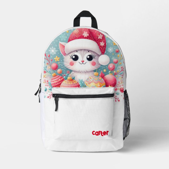 Cute Winter/Christmas cat Printed Backpack (Front)