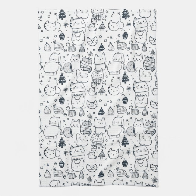 Cute Winter Christmas Doodle Pattern (1) Tea Towel (Vertical)
