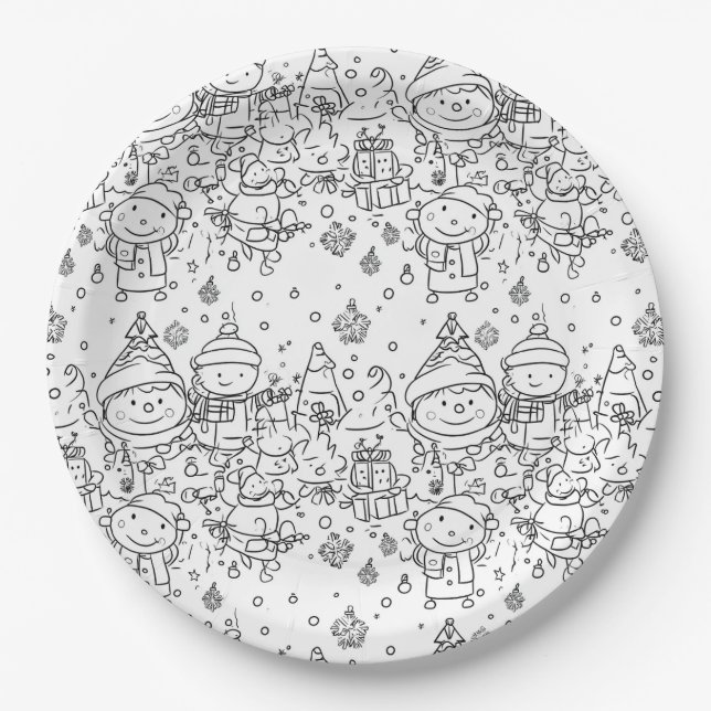 Cute Winter Christmas Doodle Pattern (2) Paper Plate (Front)