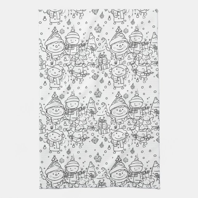 Cute Winter Christmas Doodle Pattern (2) Tea Towel (Vertical)