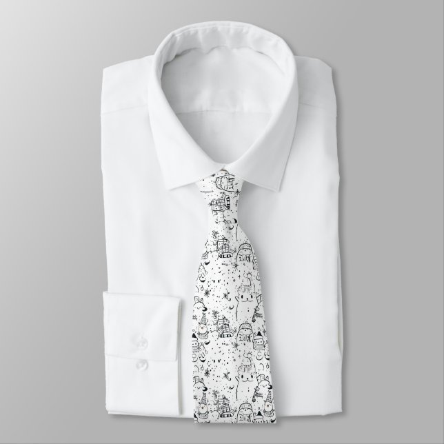 Cute Winter Christmas Doodle Pattern (4) Tie (Tied)