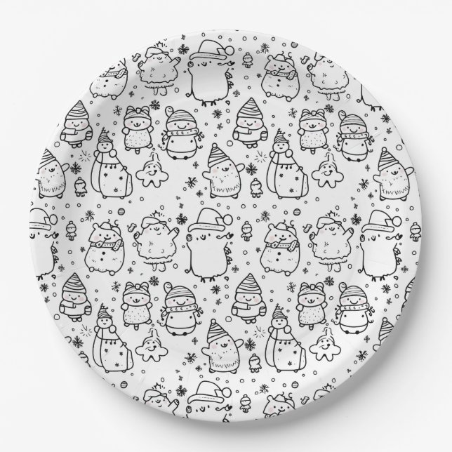 Cute Winter Christmas Doodle Pattern (5) Paper Plate (Front)