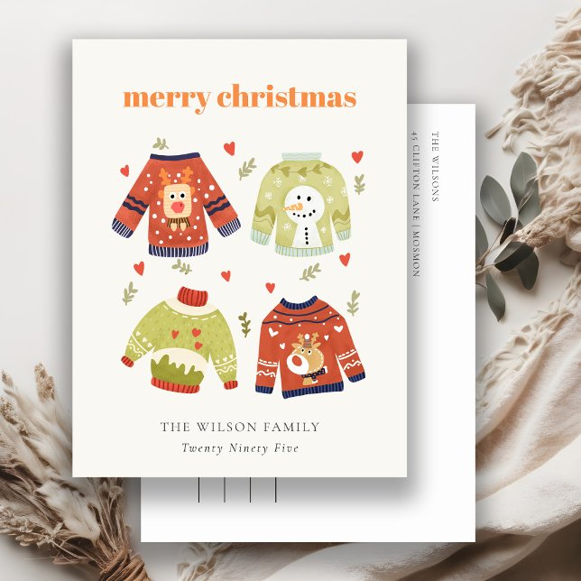 Cute Winter Christmas Hearts Leafy Ugly Sweater  Holiday Postcard (Creator Uploaded)