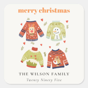 Cute Winter Christmas Hearts Leafy Ugly Sweater  Square Sticker