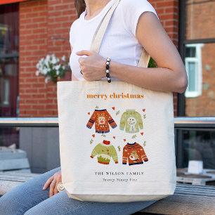 Cute Winter Christmas Hearts Leafy Ugly Sweater  Tote Bag