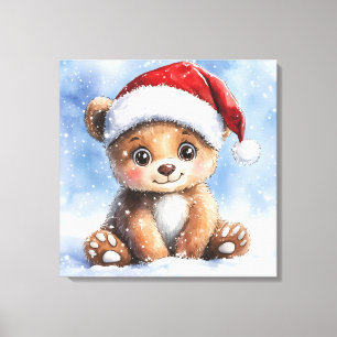Cute Winter Christmas Santa Bear Cub Watercolor Canvas Print