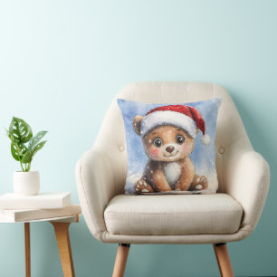 Cute Winter Christmas Santa Bear Cub Watercolor Cushion