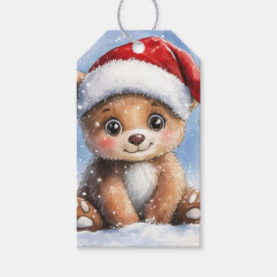 Cute Winter Christmas Santa Bear Cub Watercolor Gift Tags