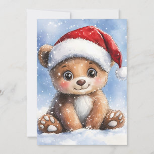 Cute Winter Christmas Santa Bear Cub Watercolor  Holiday Card