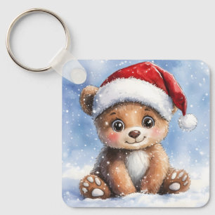 Cute Winter Christmas Santa Bear Cub Watercolor Key Ring