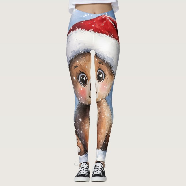 Cute Winter Christmas Santa Bear Cub Watercolor  Leggings (Front)