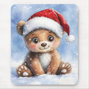 Cute Winter Christmas Santa Bear Cub Watercolor Mouse Pad