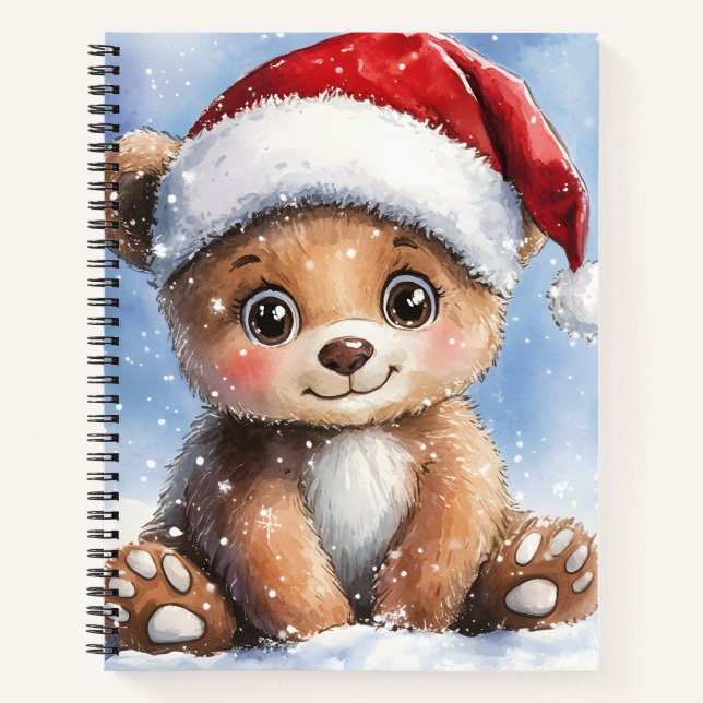 Cute Winter Christmas Santa Bear Cub Watercolor  Notebook (Front)