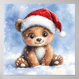 Cute Winter Christmas Santa Bear Cub Watercolor  Poster