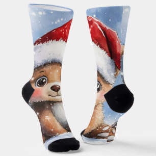 Cute Winter Christmas Santa Bear Cub Watercolor  Socks
