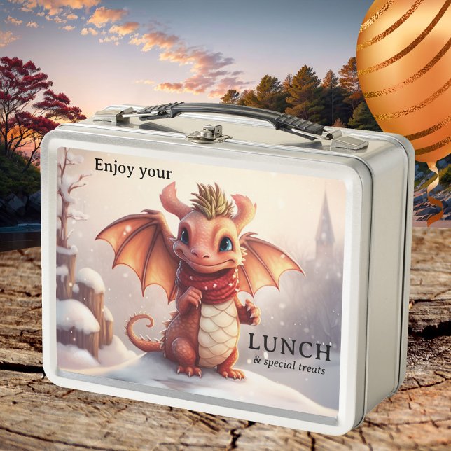 Cute Winter Dragon Treats Metal Lunch Box (Lunch box featuring an illustration of a cute dragon in a winter landscape.)