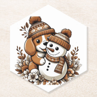 Cute Winter Duo: Dog in Patterned Hat and Snowman Paper Coaster