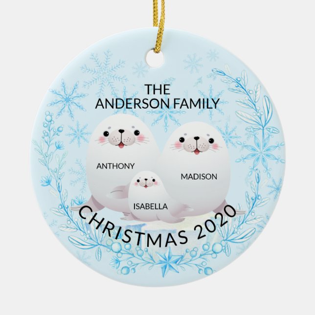 Cute Winter Family Of 3 Seals Christmas Ceramic Tree Decoration (Front)