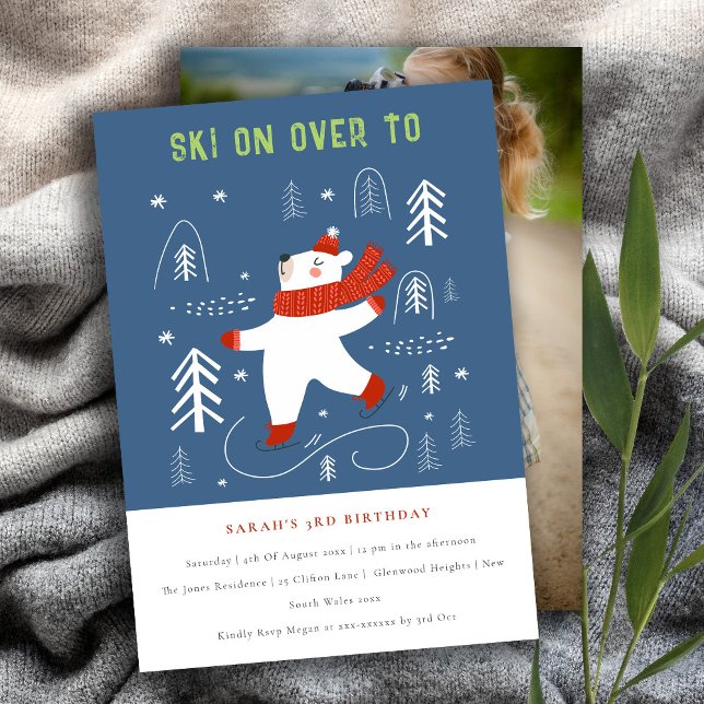 Cute Winter Forest Bear Ski Photo Kids Birthday Invitation (Creator Uploaded)