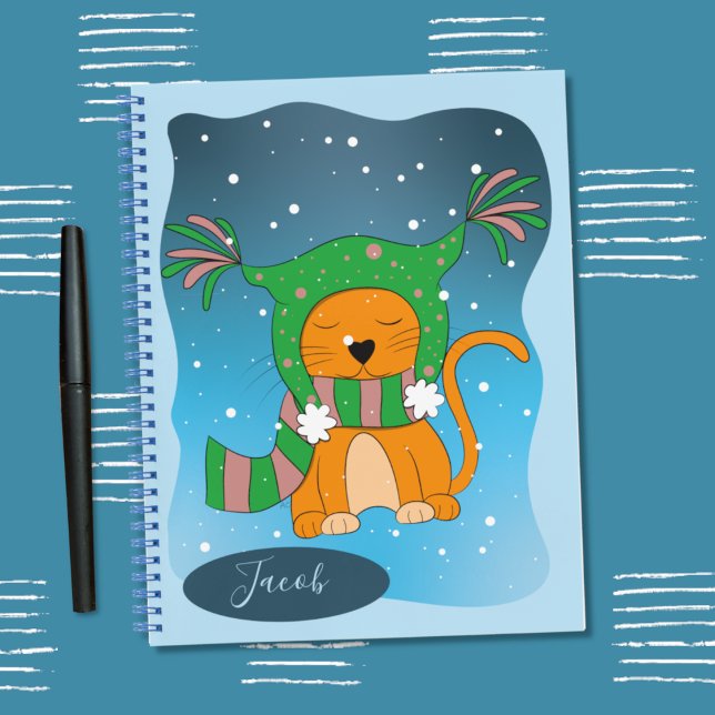 Cute Winter Ginger Cat Kid Personalised Notebook (Cute ginger cat in the snow kid personalized notebook .)