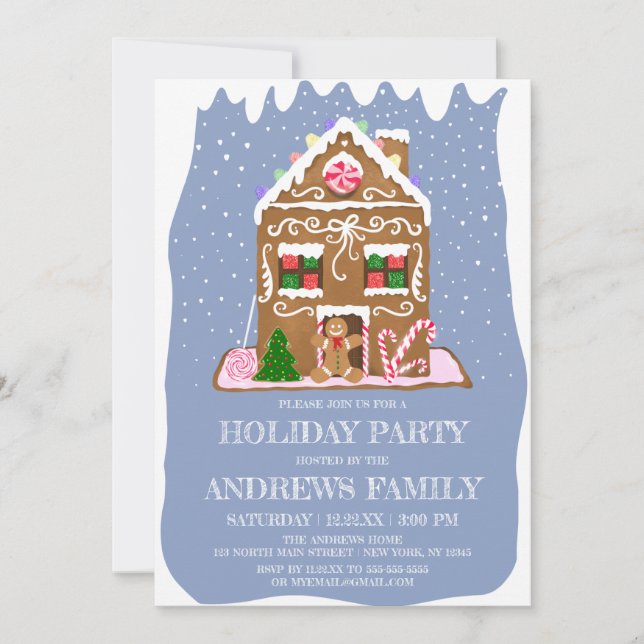 Cute Winter Gingerbread Candy House Holiday Invitation (Front)