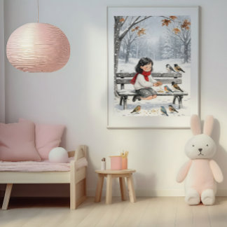 Cute Winter Girl Feeding Birds Nursery Wall Art 