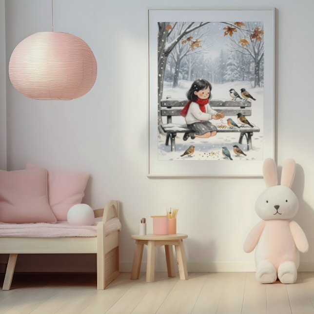 Cute Winter Girl Feeding Birds Nursery Wall Art  (Cozy Winter Wall Art Girl and Birds Nursery Room Decor Print)