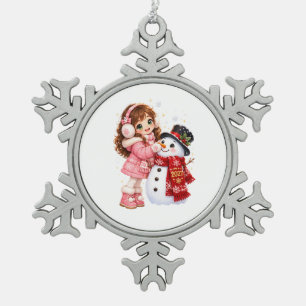Cute Winter Girl Fixing Snowman's Carrot Nose Art Snowflake Pewter Christmas Ornament