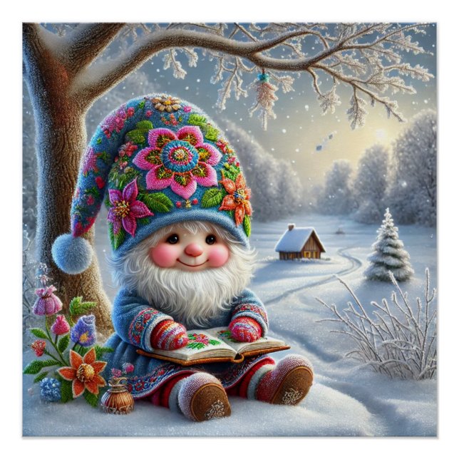 Cute Winter Gnome in a Cosy Winter Landscape Poster (Front)