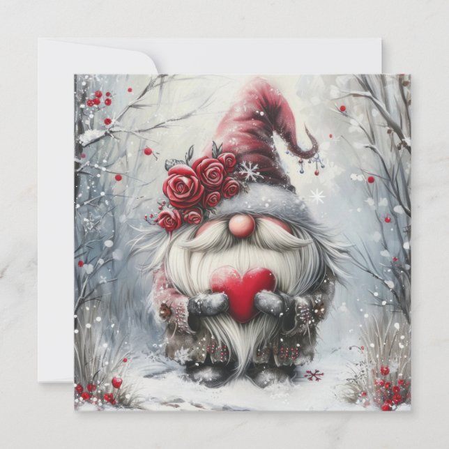 Cute Winter Gnome with Red Heart Holiday Card (Front)