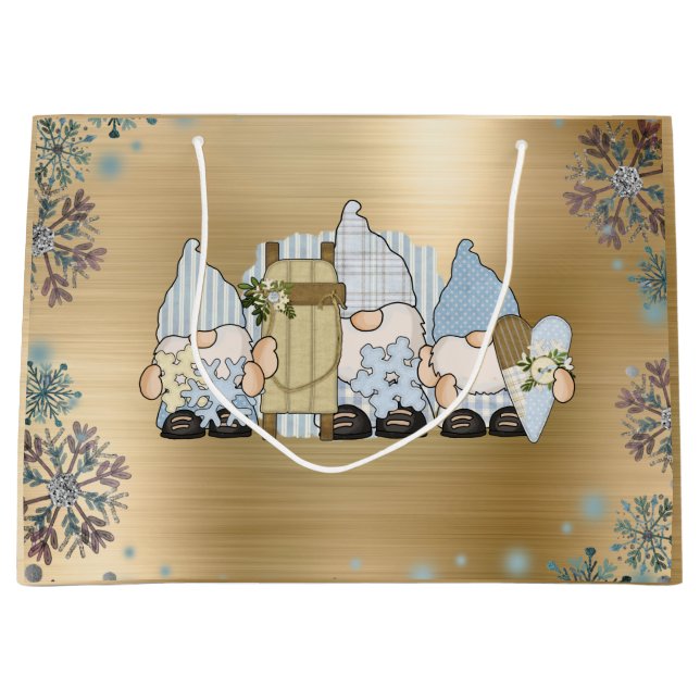 Cute Winter Gnomes Gold Large Gift Bag (Front)