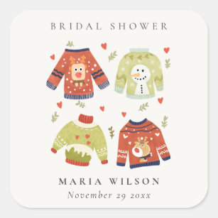 Cute Winter Heart Leafy Ugly Sweater Bridal Shower Square Sticker
