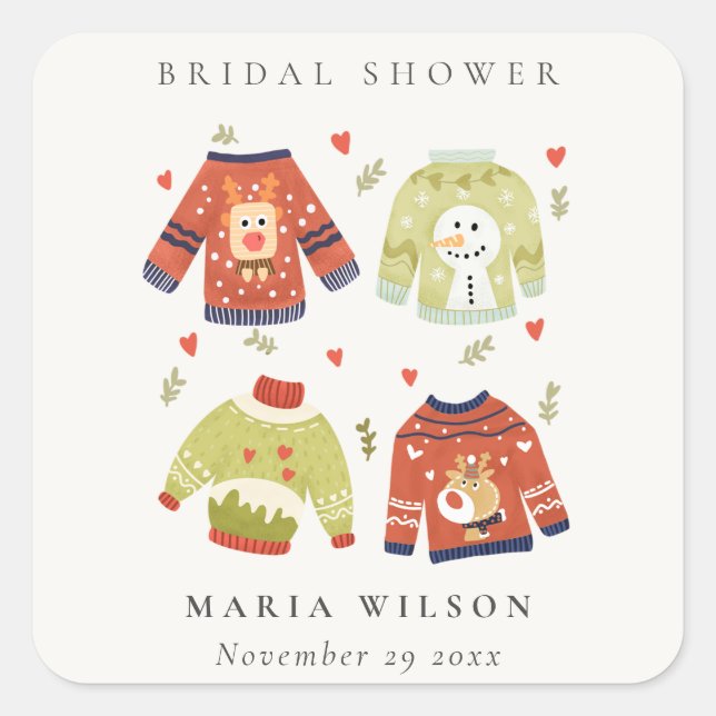 Cute Winter Heart Leafy Ugly Sweater Bridal Shower Square Sticker (Front)