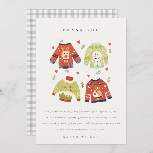 Cute Winter Heart Leafy Ugly Sweater Bridal Shower Thank You Card (Front/Back)