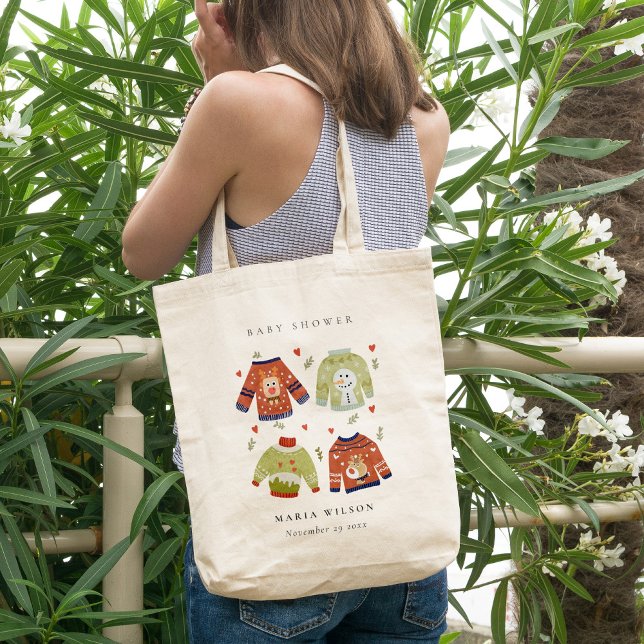 Cute Winter Hearts Leafy Ugly Sweater Baby Shower Tote Bag (Creator Uploaded)
