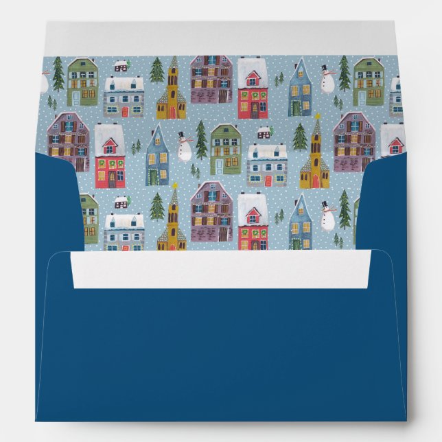 Cute Winter House Village Blue Christmas Pattern Envelope (Back (Bottom))