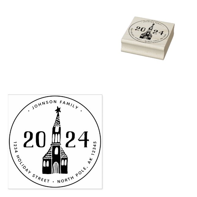 Cute Winter House Village Church Christmas Rubber Stamp (Stamped)