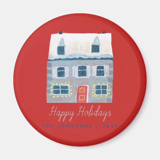 Cute Winter House Village Red Christmas Magnet (Front)