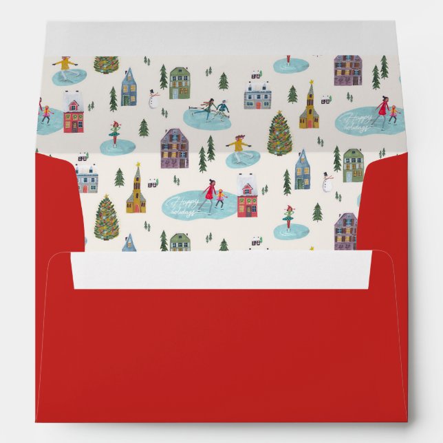 Cute Winter House Village Red Christmas Pattern Envelope (Back (Bottom))