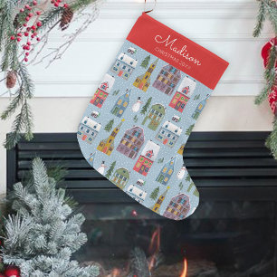 Cute Winter House Village Scene Christmas Pattern Large Christmas Stocking