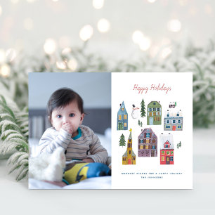 Cute Winter House Village Scene Photo Christmas Holiday Card