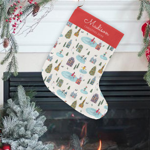Cute Winter House Village Skating Scene Christmas Large Christmas Stocking